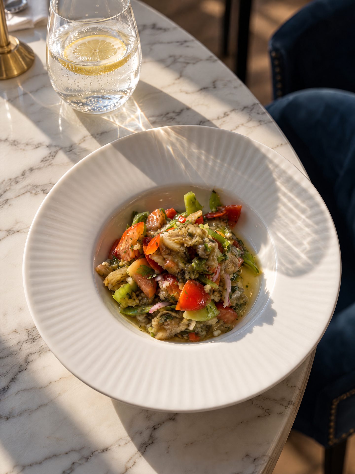 Baba ghanoush in a white bowl on a marble table