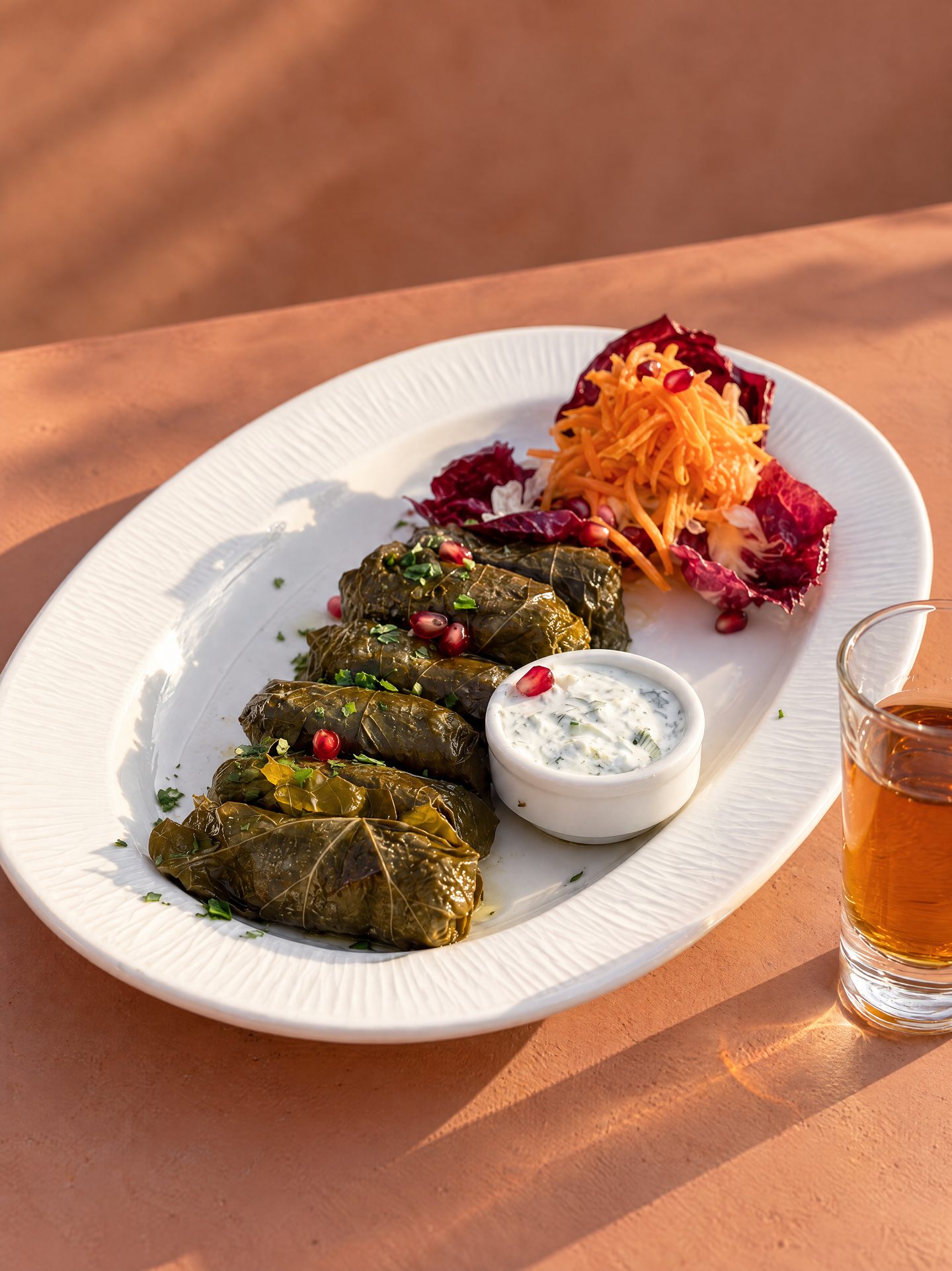 Stuffed vine leaves in a row on a white plate, with a small bowl of yoghurt dip and a pickled salad