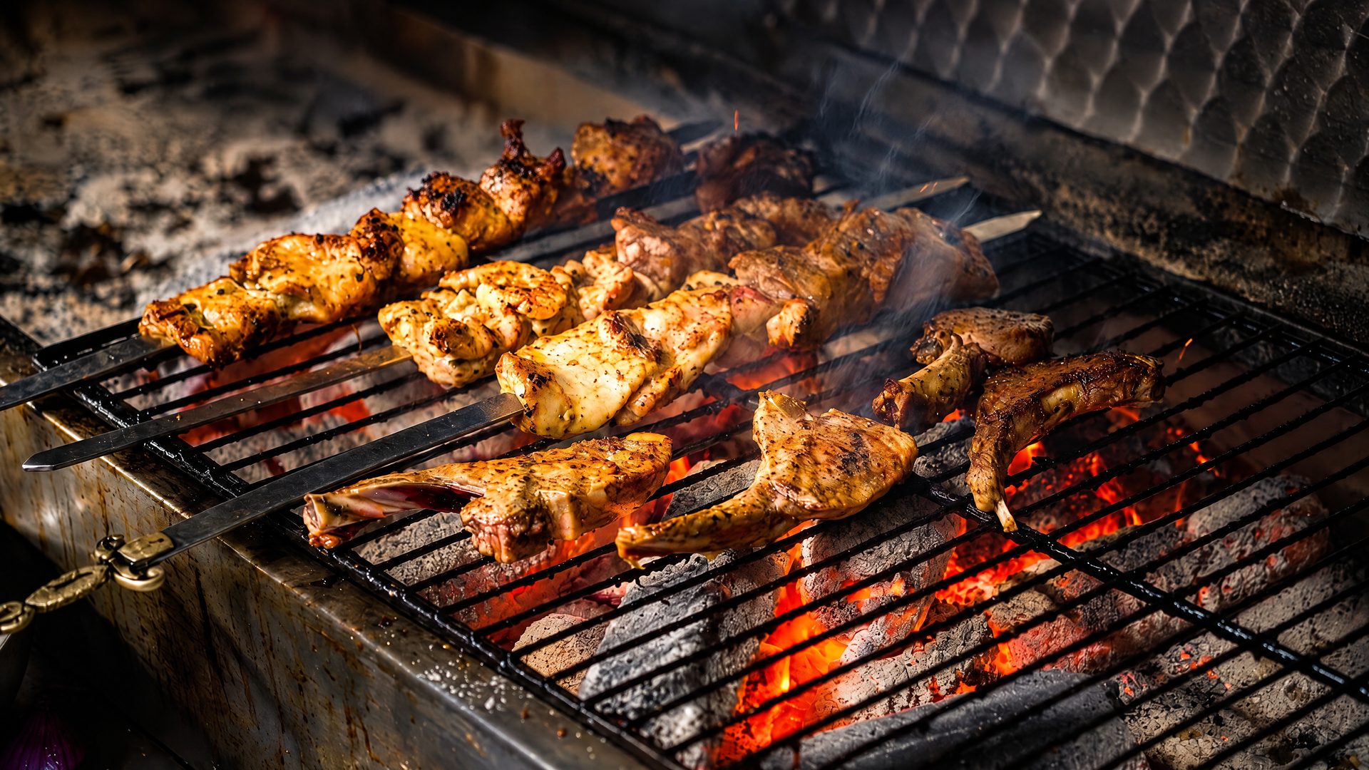 Marinated meat skewers grilling over glowing charcoal