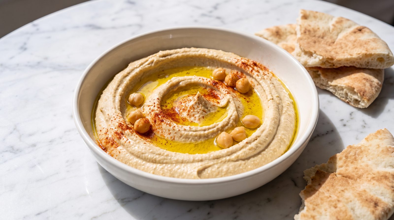 Hummus with olive oil and chickpeas