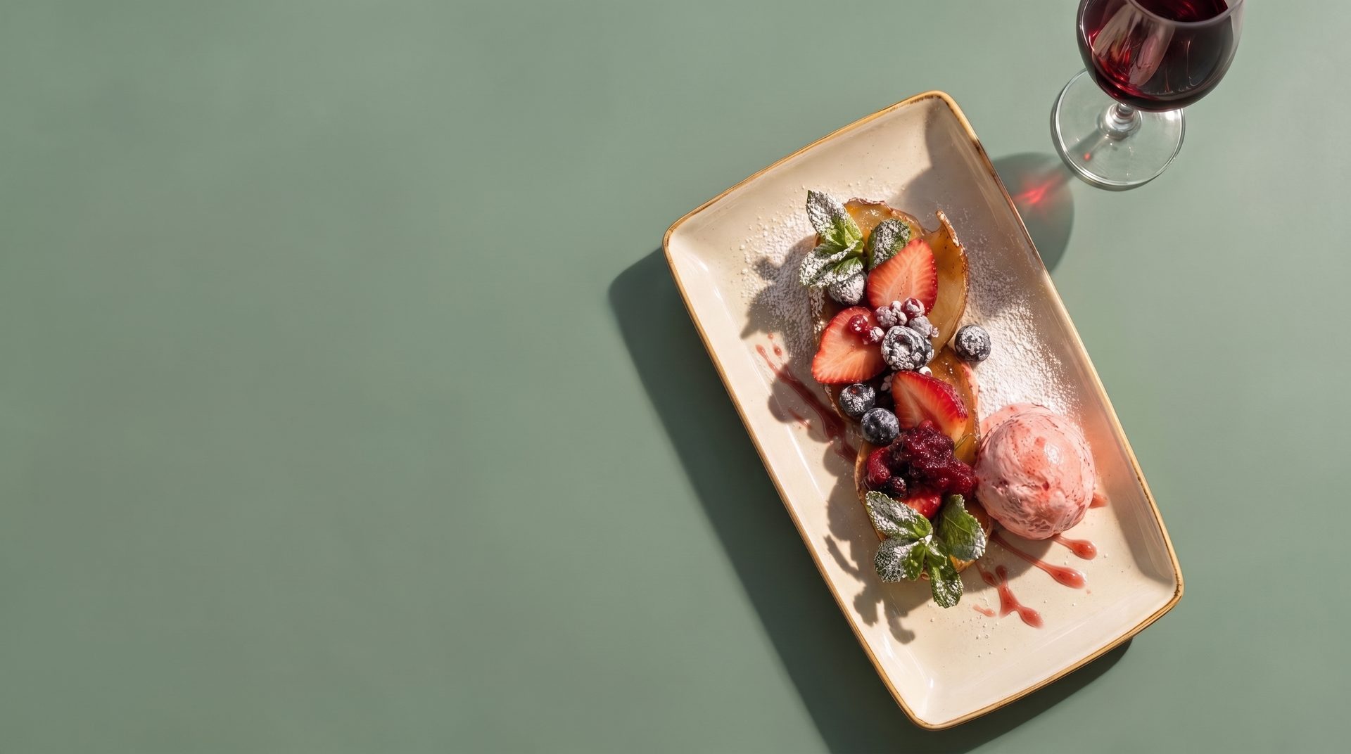 Seen from above: a pancake with strawberries, berries, mint and pink ice cream on a cream plate, with a glass of red wine on a green table