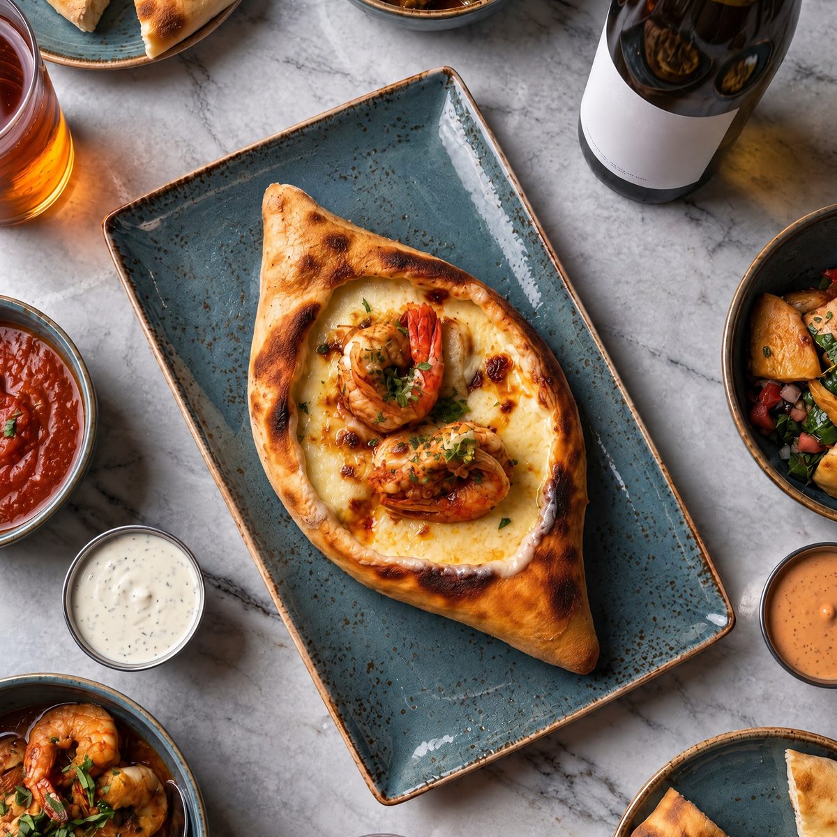 Seen from above: boat-shaped bread filled with melted cheese and prawns on a blue platter, with small plates and white wine