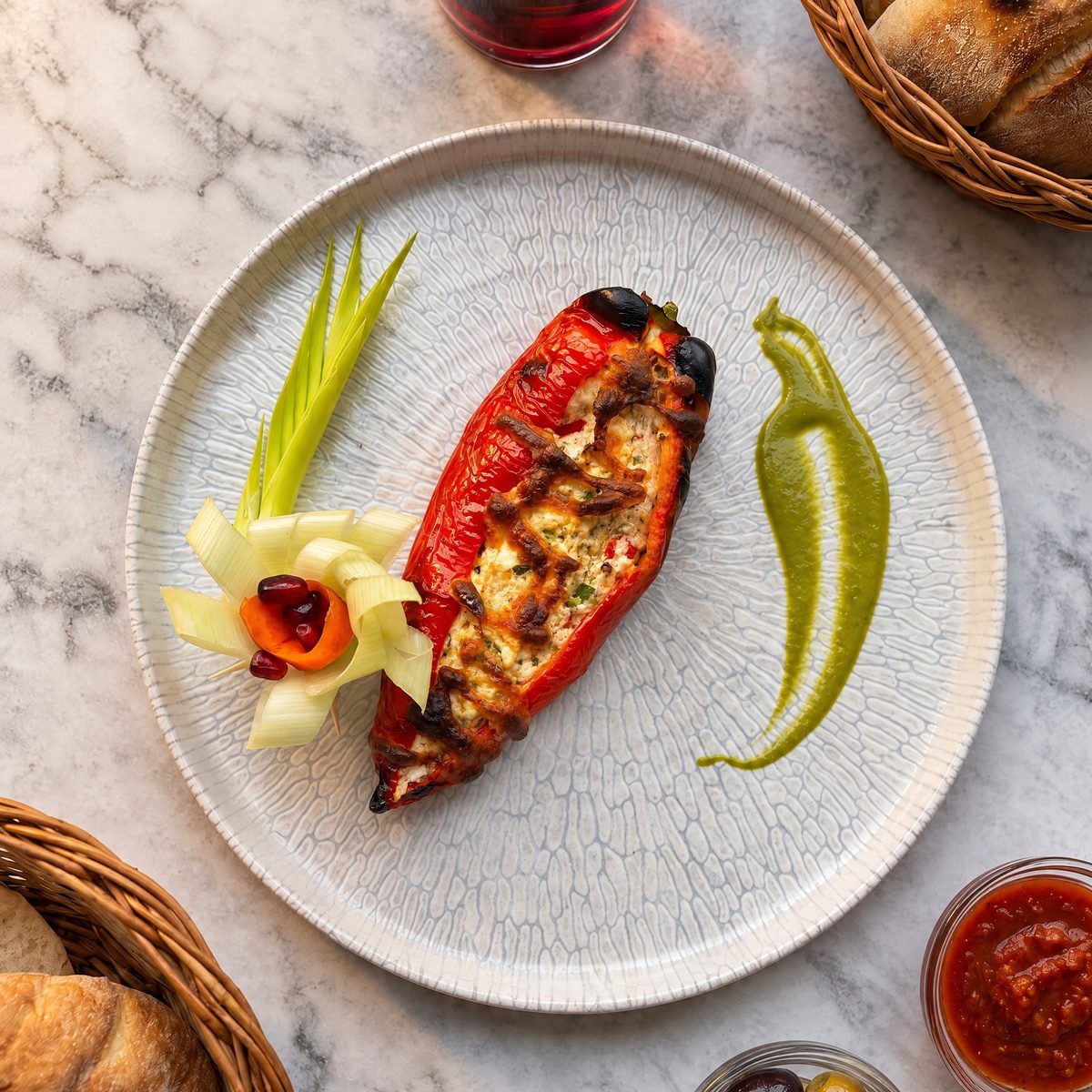 Seen from above: a roasted red pepper with a green sauce on a white plate, with olives, bread and red wine