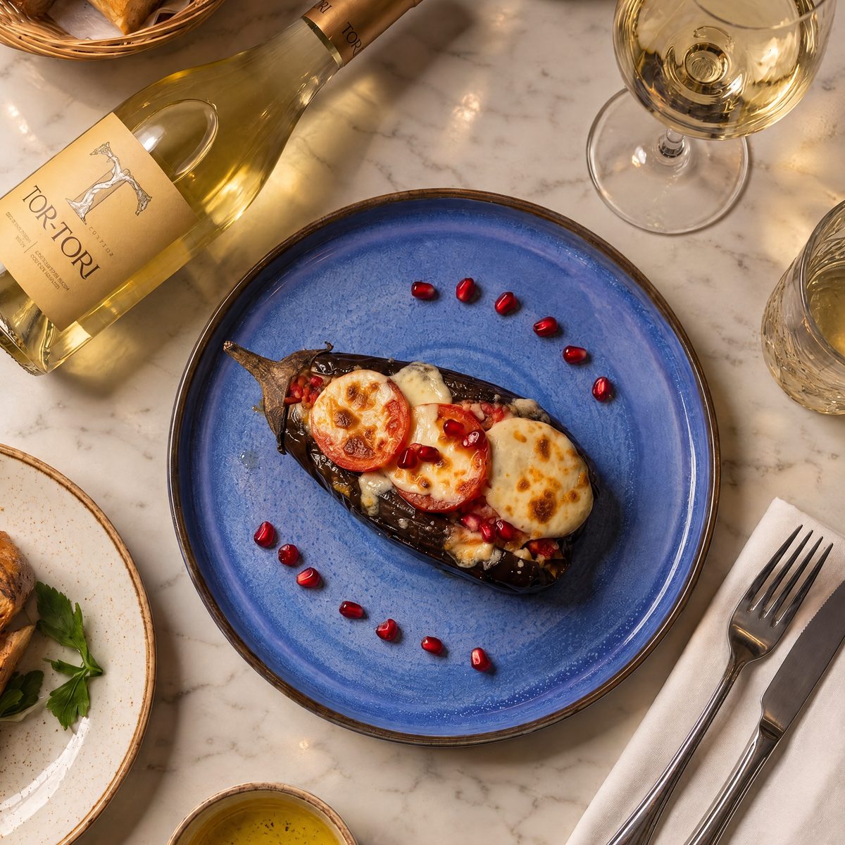 Seen from above: a halved aubergine topped with tomato and melted cheese on a blue plate, with white wine and bread