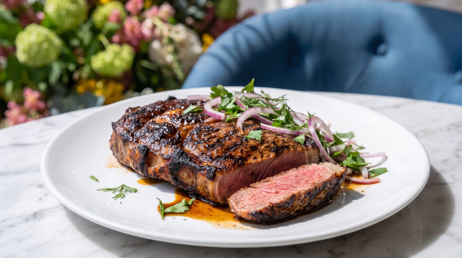 Charcoal-grilled rib-eye, sliced, under raw onion