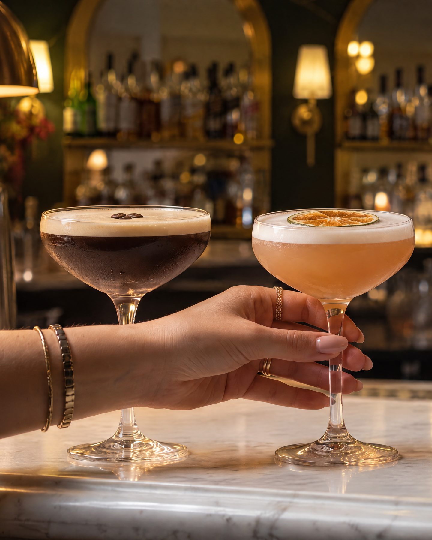 Two coffee cocktails and a sour with a dried lime wheel, handed across the marble bar