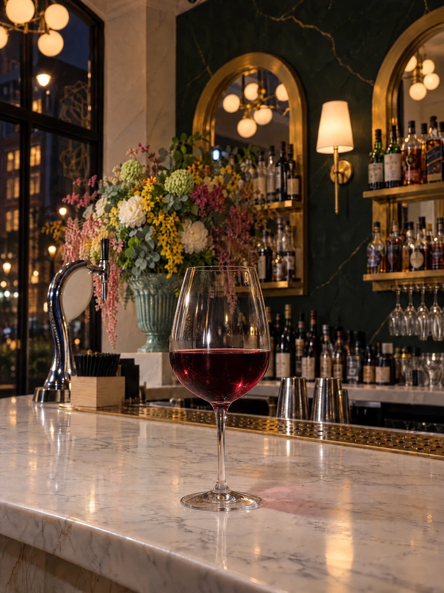 A glass of red wine on the marble bar in the evening, with the flower arrangement, the beer tap and the lit back bar behind