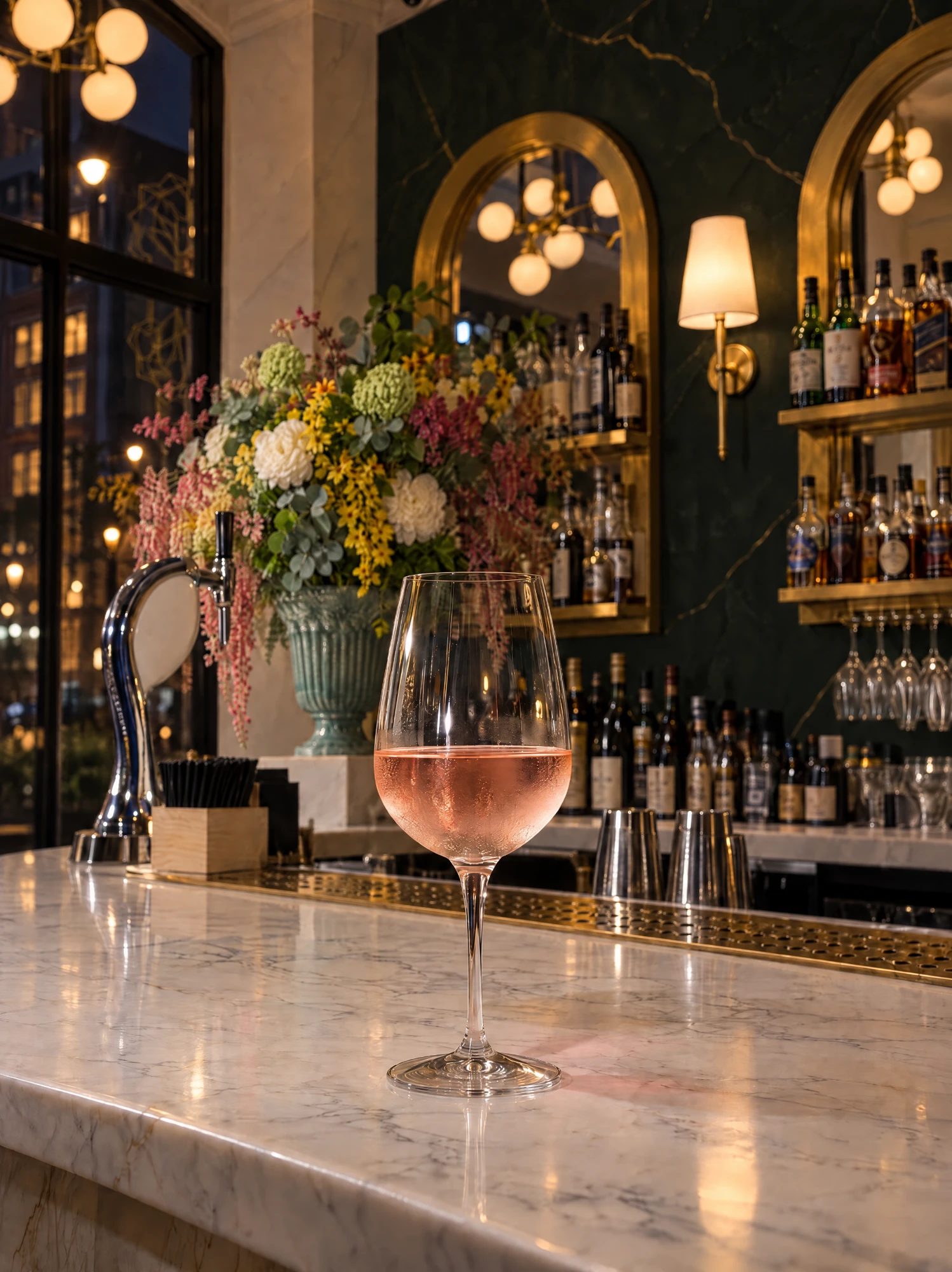 A glass of ros&eacute; wine on the marble bar in the evening, with the flower arrangement, the beer tap and the lit back bar behind