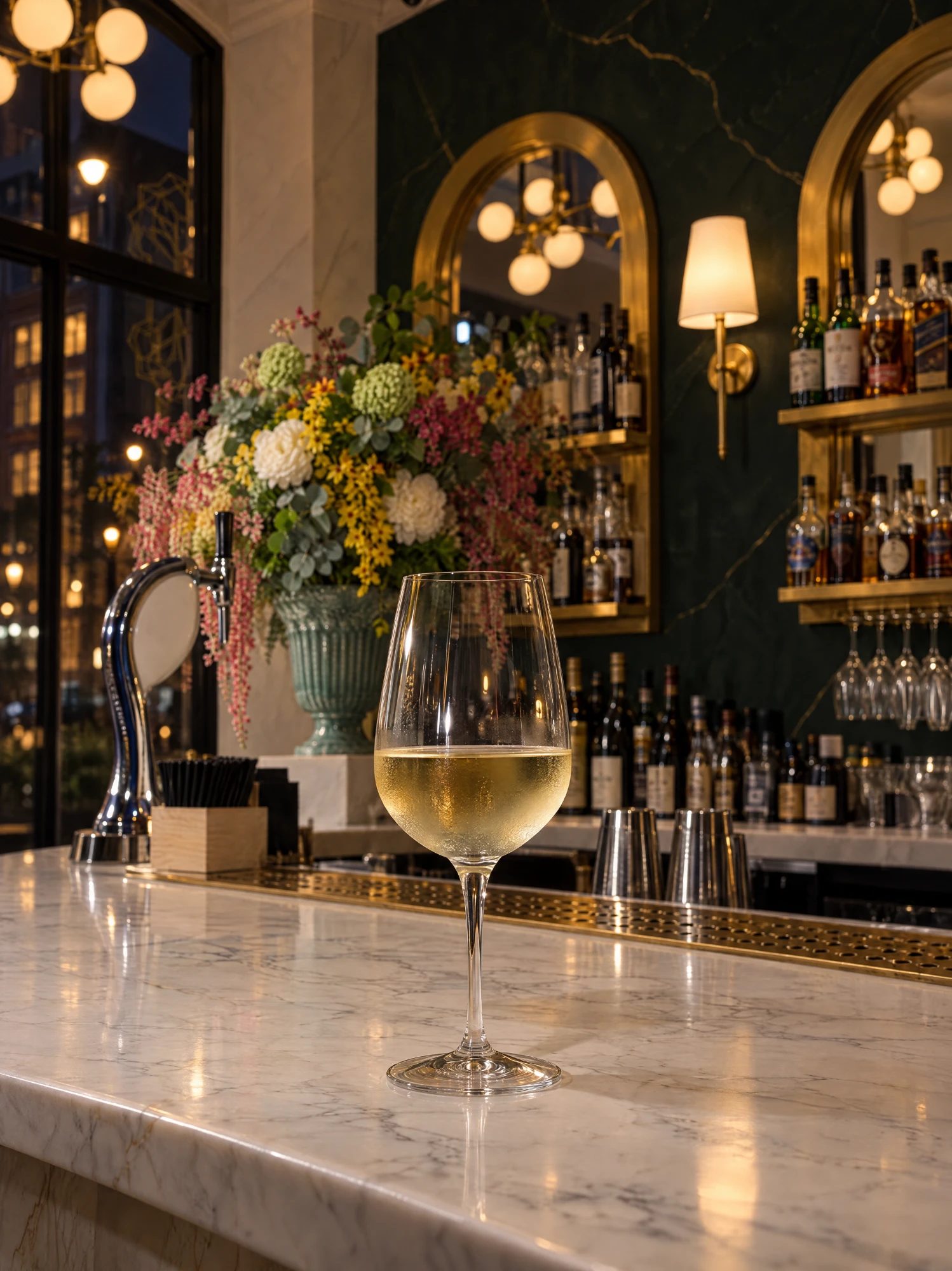 A glass of white wine on the marble bar in the evening, with the flower arrangement, the beer tap and the lit back bar behind