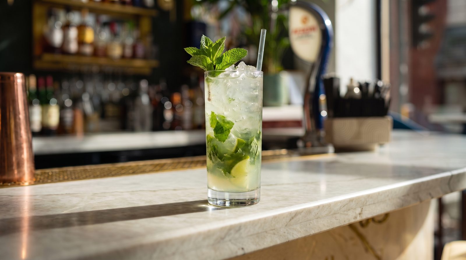 A Mojito with mint, lime and crushed ice in a tall glass on the marble bar