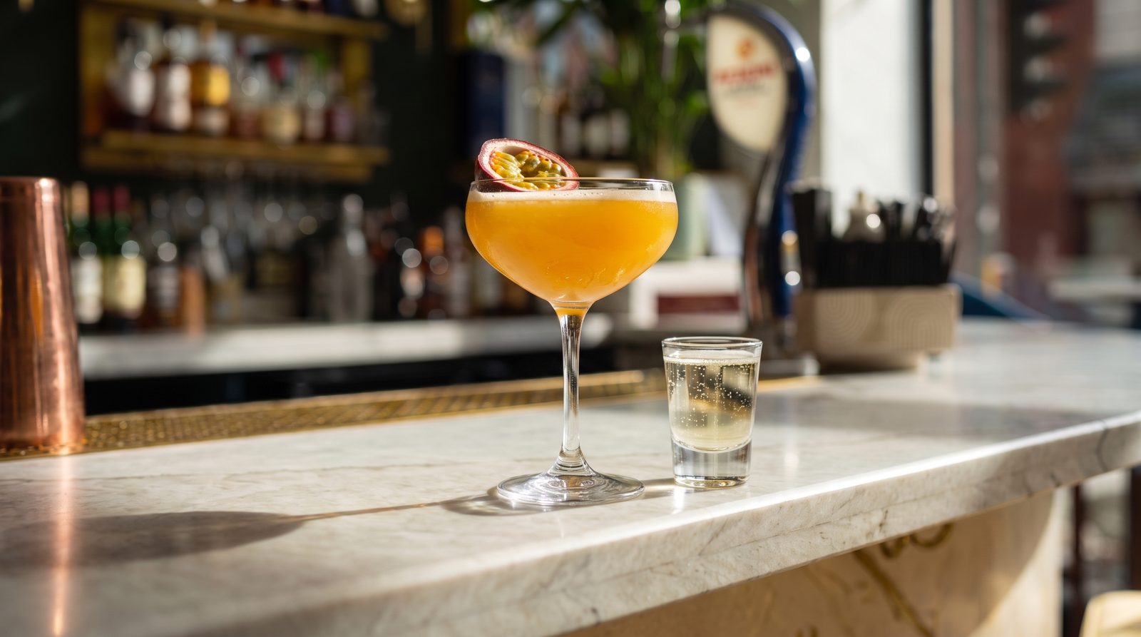 A Pornstar Martini topped with passion fruit, with a shot of prosecco beside it on the marble bar