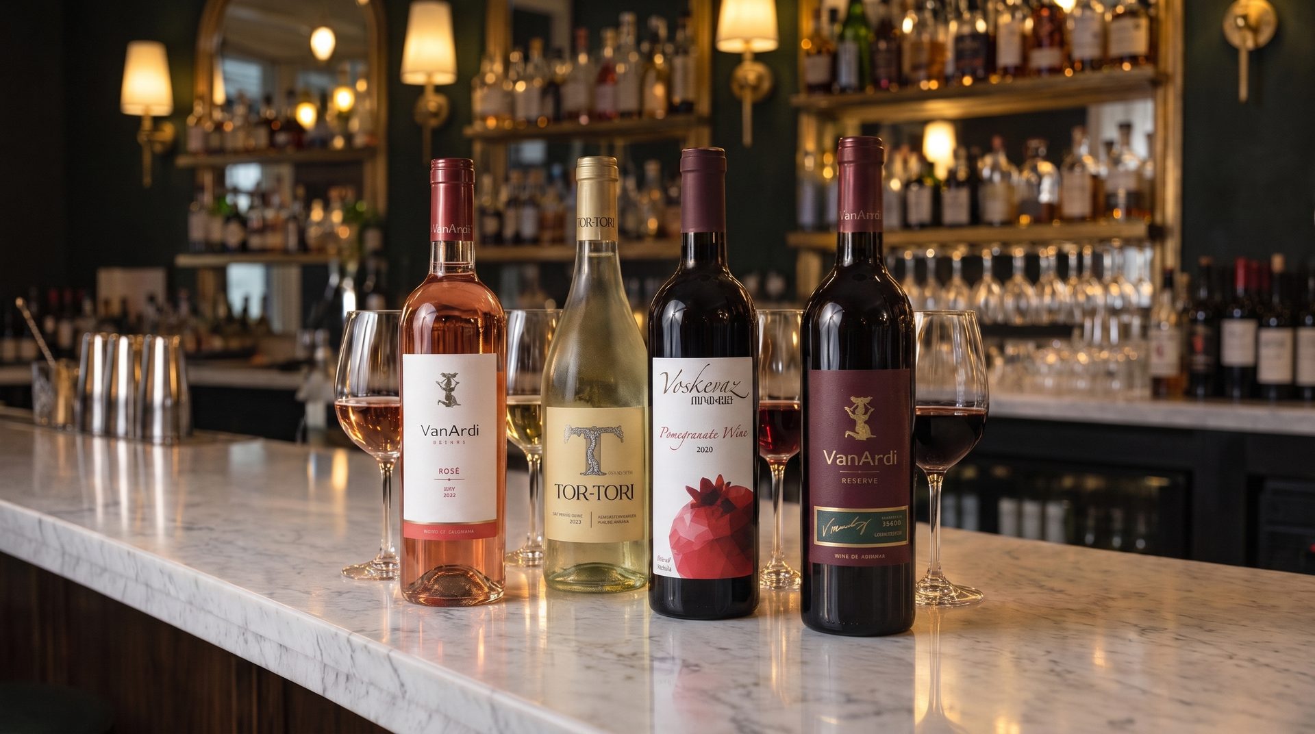 Four bottles of Armenian wine with glasses on the marble bar