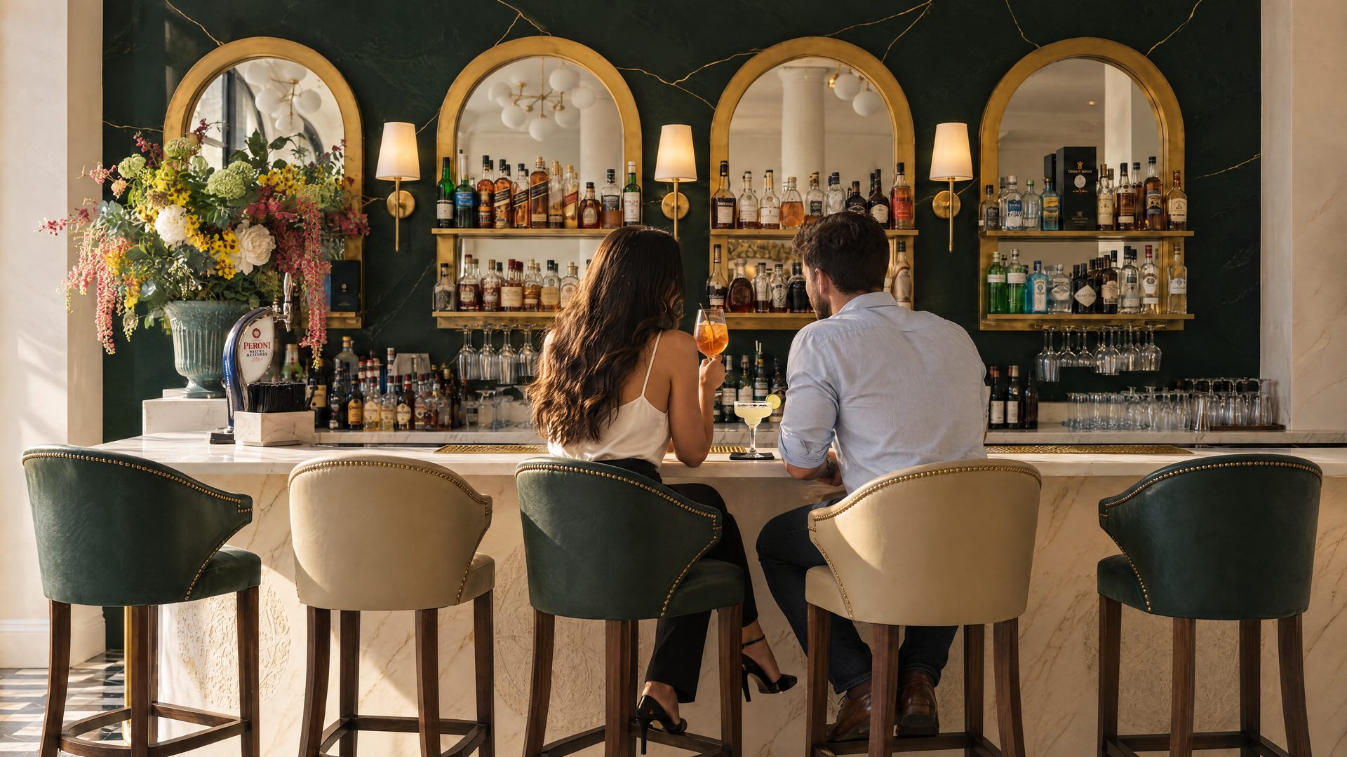 Two guests at the marble bar, beneath gold-arched mirrors and shelves of bottles