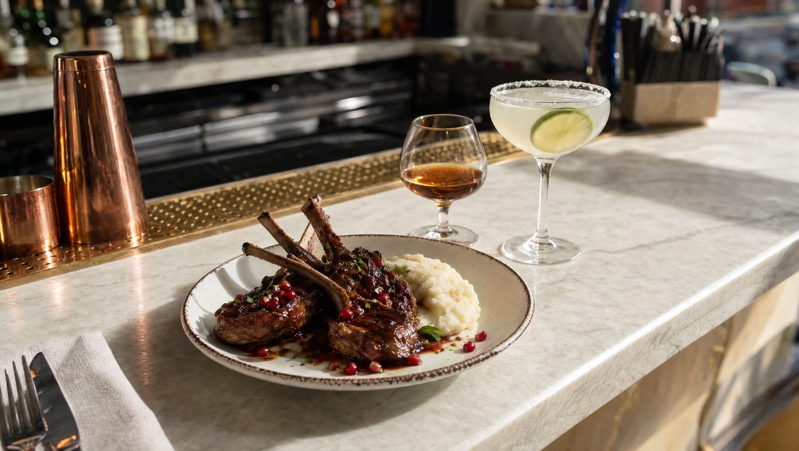 Lamb chops, with a brandy and a cocktail beside them