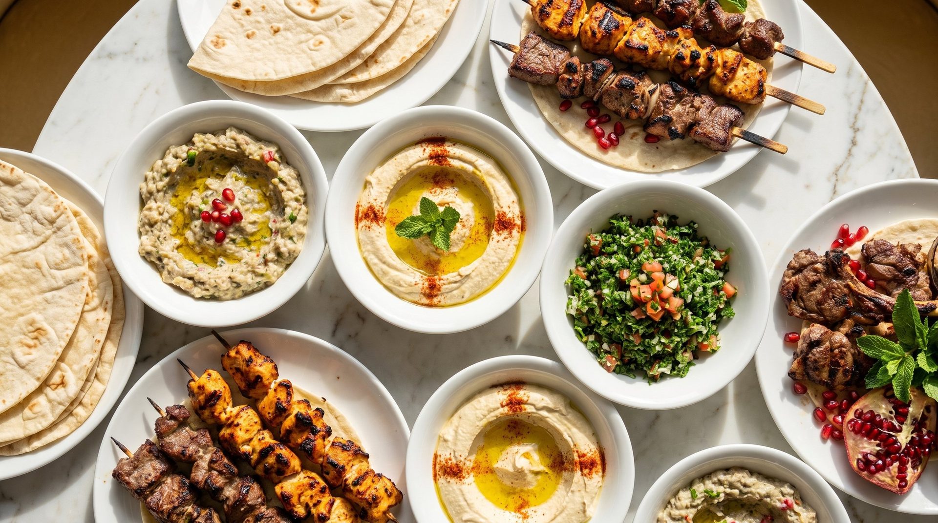 An Armenian table laid with meze, skewers and lavash