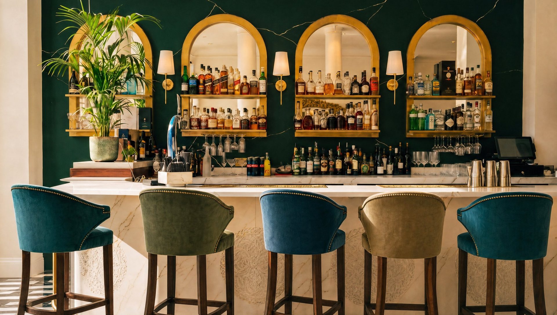 The marble bar with green velvet stools, under arched gold mirrors and shelves of bottles