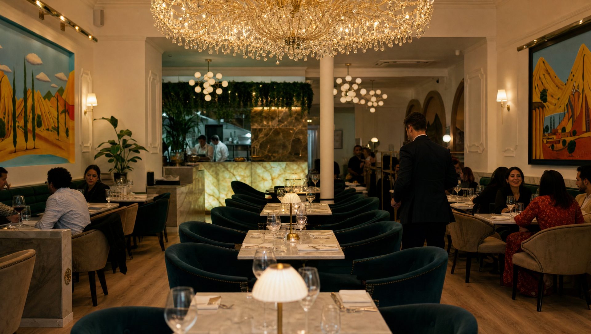 The dining room at Armenian, Manchester, laid for dinner under the chandeliers
